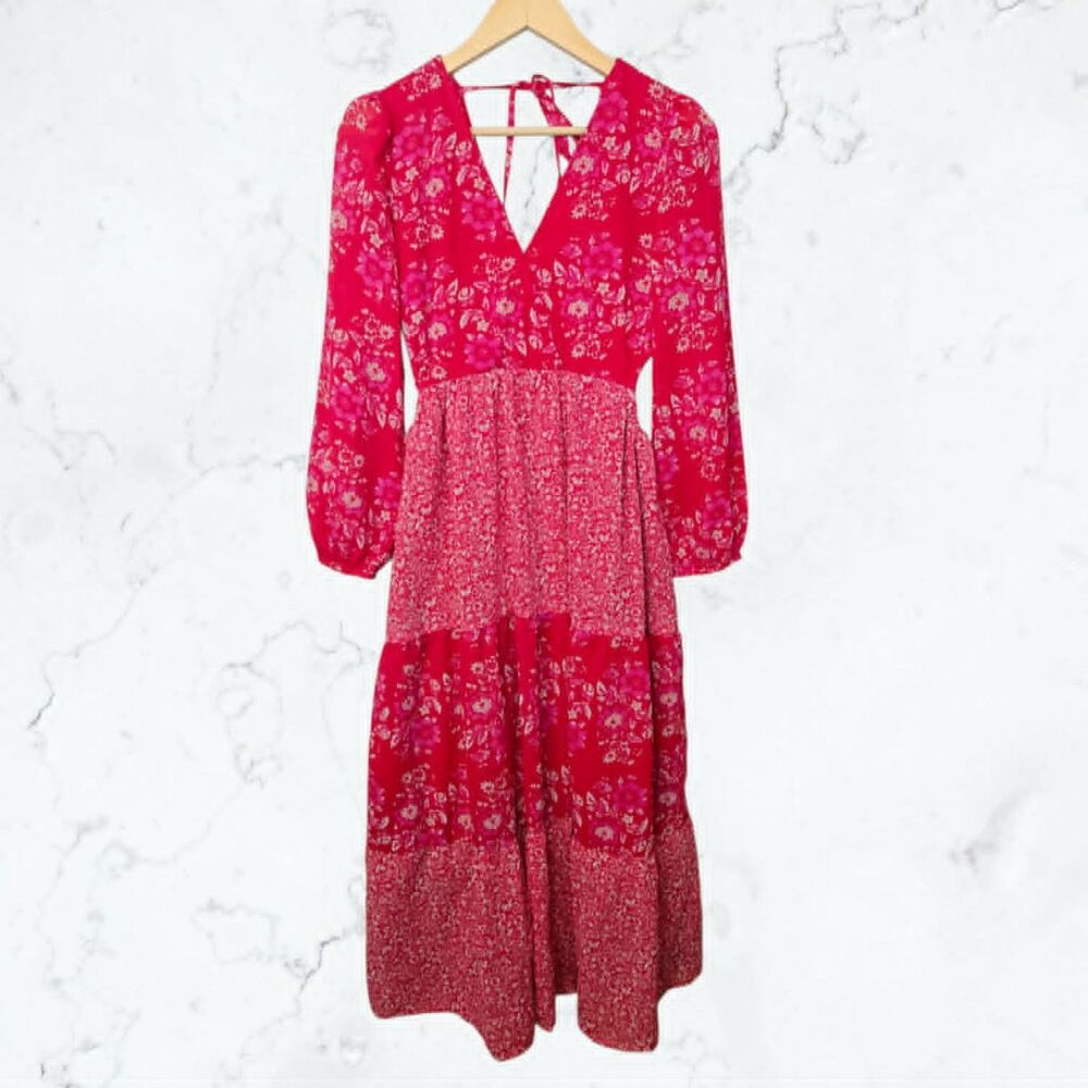 Kings Road Pink Floral Long Sleeve Cutout Patchwork Maxi Dress